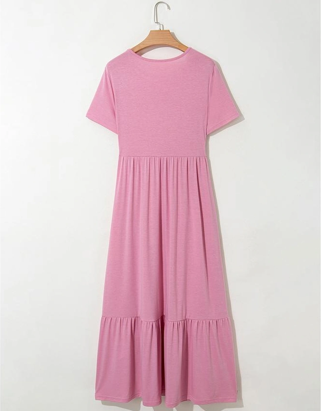 Pink Solid Color T-shirt High Waist Pocketed Long Dress