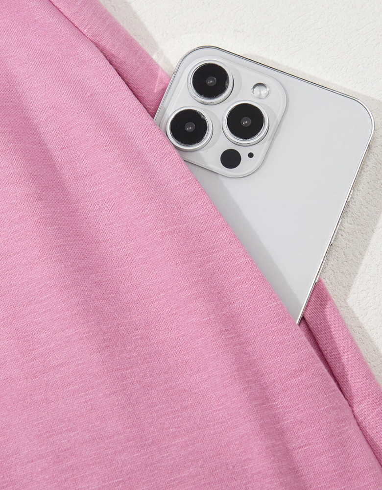 Pink Solid Color T-shirt High Waist Pocketed Long Dress