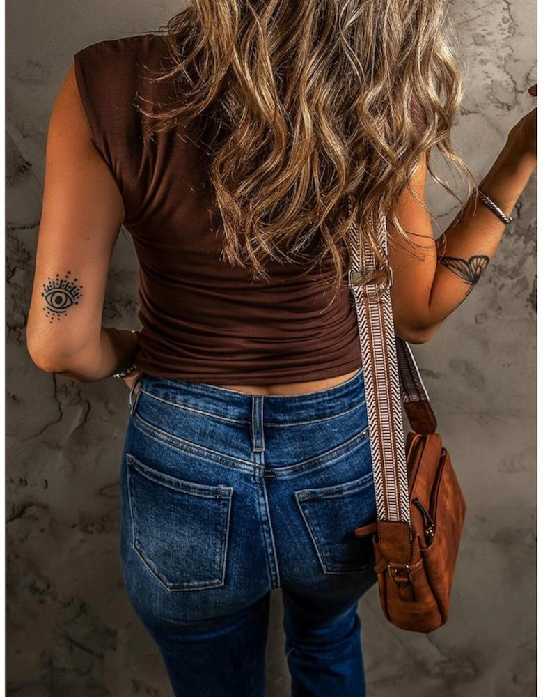 Coffee Solid Color U Neck Slim Fit Tank Top