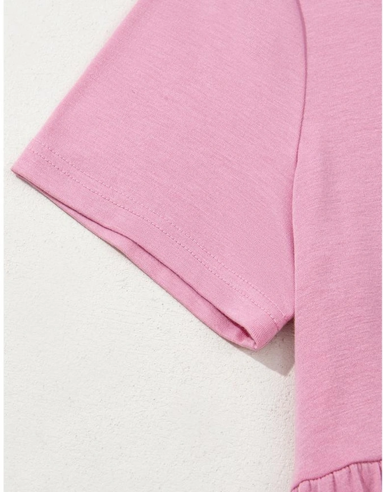 Pink Solid Color T-shirt High Waist Pocketed Long Dress