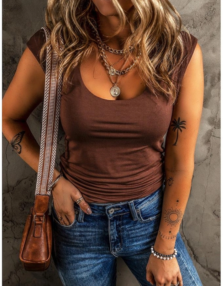 Coffee Solid Color U Neck Slim Fit Tank Top