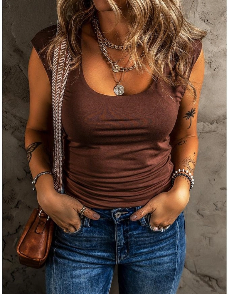 Coffee Solid Color U Neck Slim Fit Tank Top