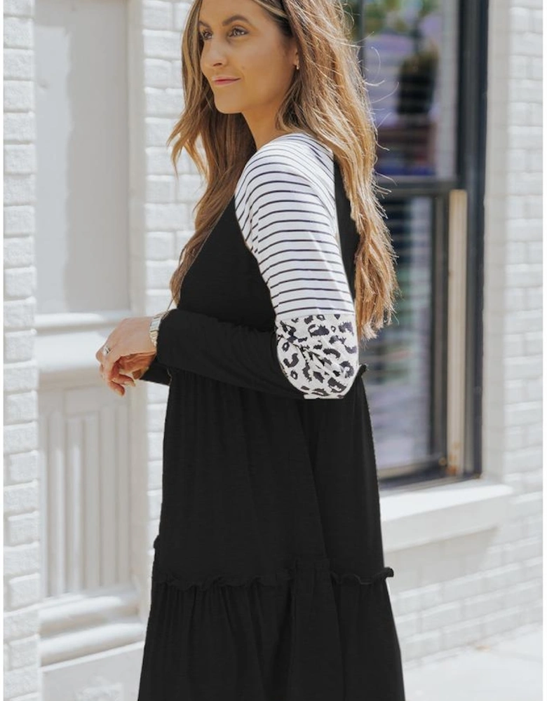 Black Striped Leopard Patchwork Long Sleeve Mini Dress