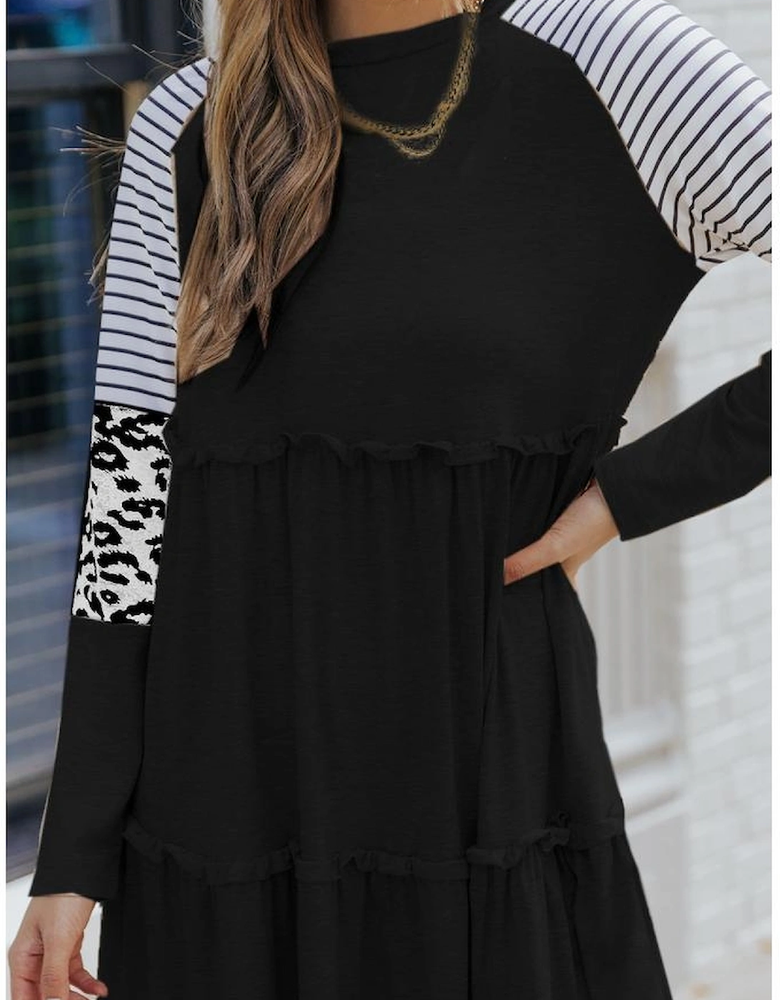 Black Striped Leopard Patchwork Long Sleeve Mini Dress
