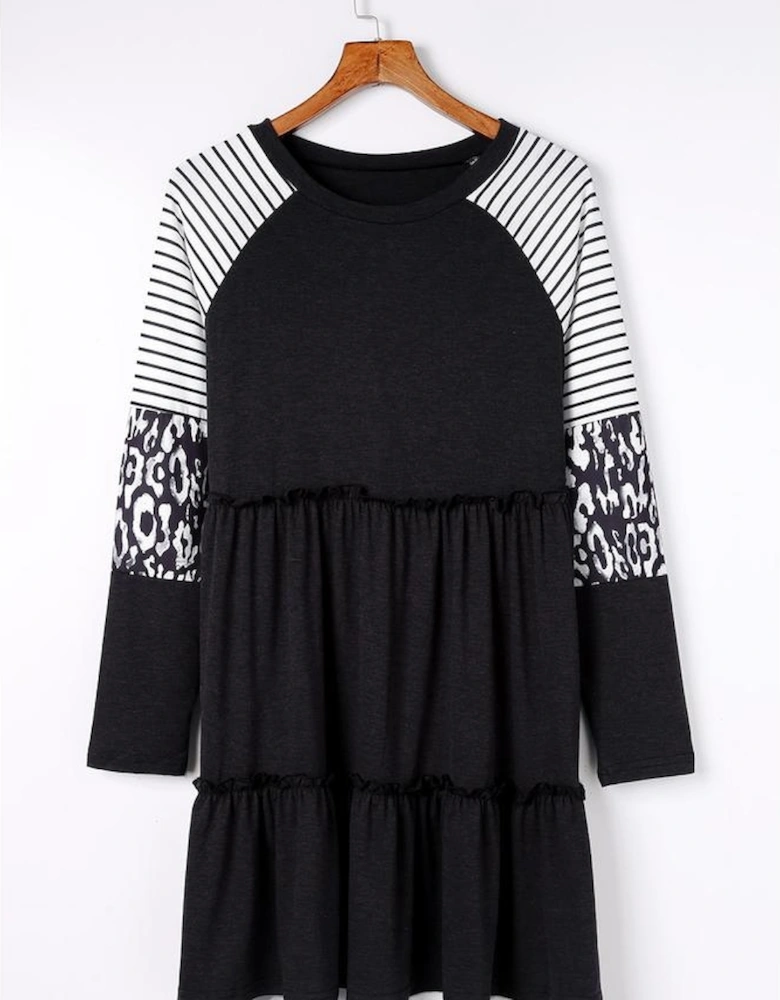 Black Striped Leopard Patchwork Long Sleeve Mini Dress
