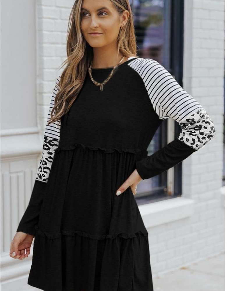 Black Striped Leopard Patchwork Long Sleeve Mini Dress