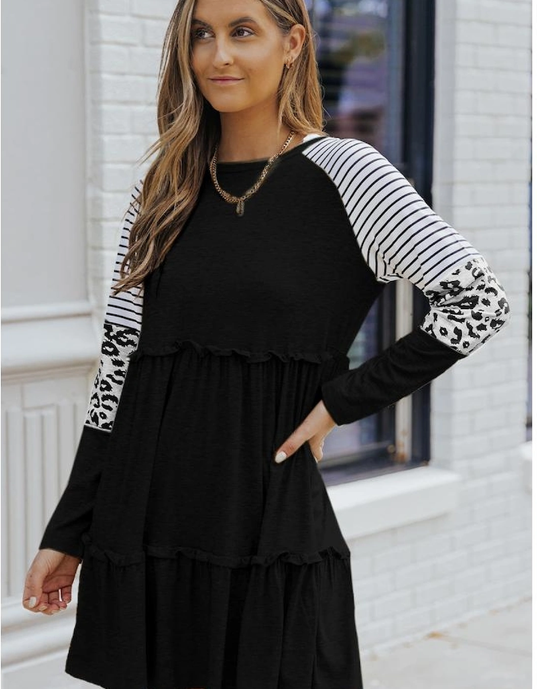 Black Striped Leopard Patchwork Long Sleeve Mini Dress, 16 of 15