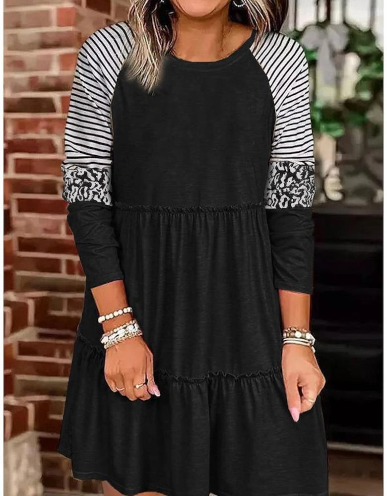 Black Striped Leopard Patchwork Long Sleeve Mini Dress