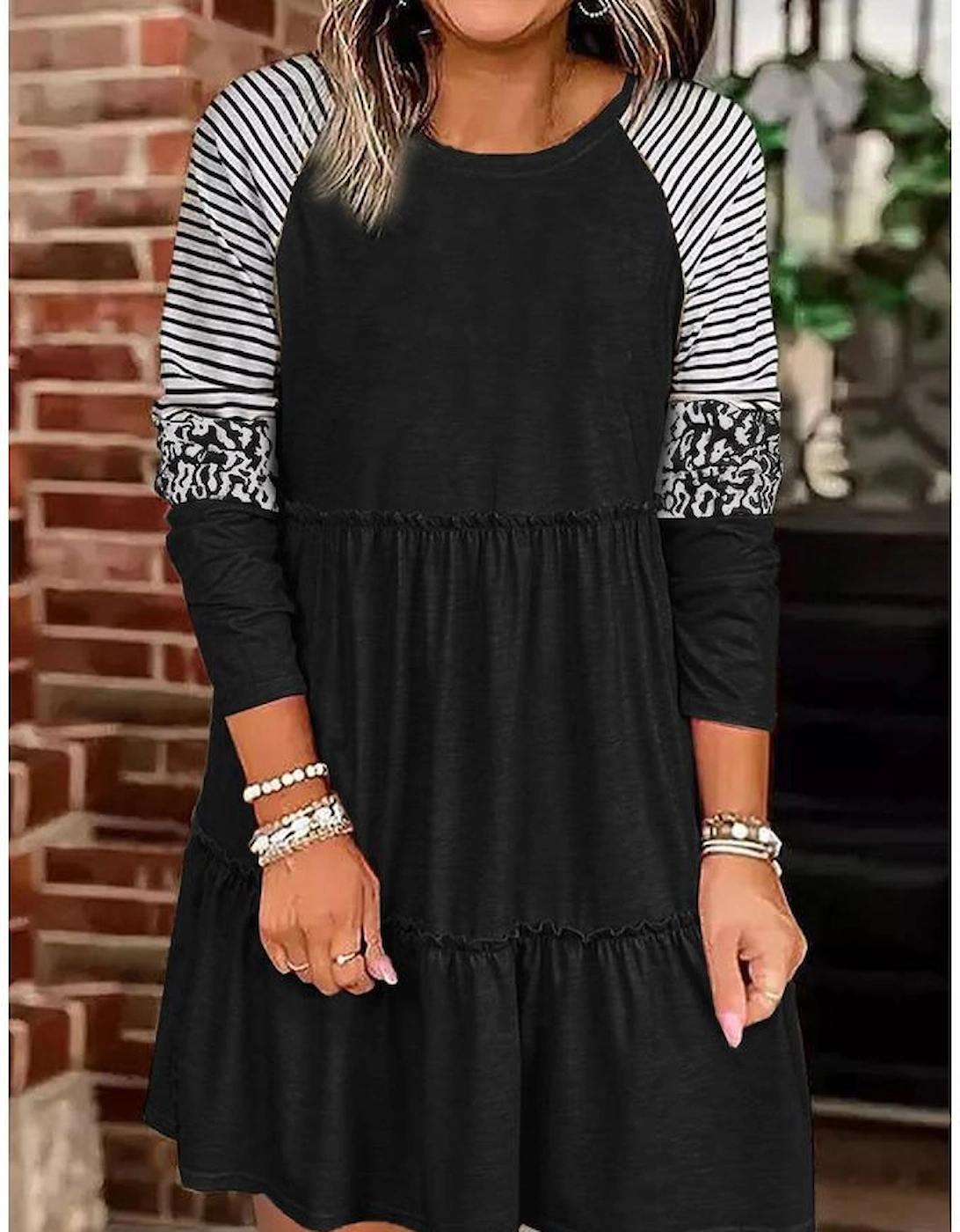 Black Striped Leopard Patchwork Long Sleeve Mini Dress