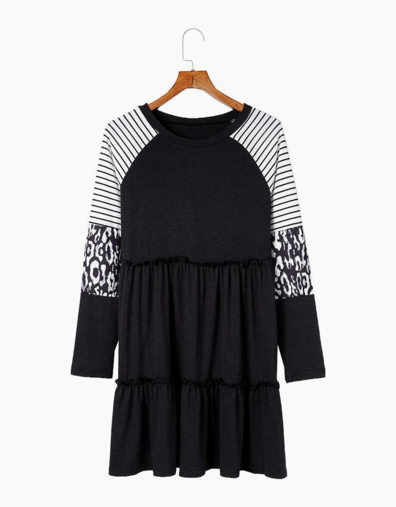 Black Striped Leopard Patchwork Long Sleeve Mini Dress