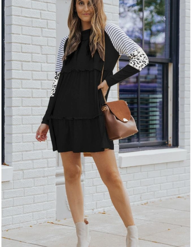 Black Striped Leopard Patchwork Long Sleeve Mini Dress