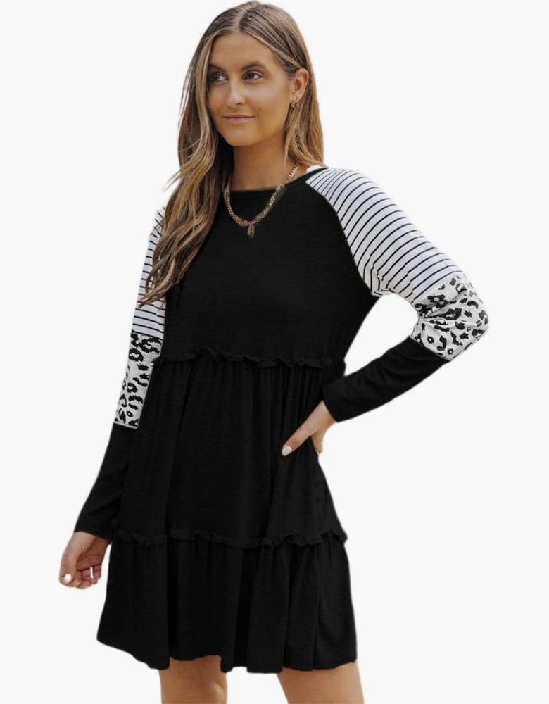 Black Striped Leopard Patchwork Long Sleeve Mini Dress