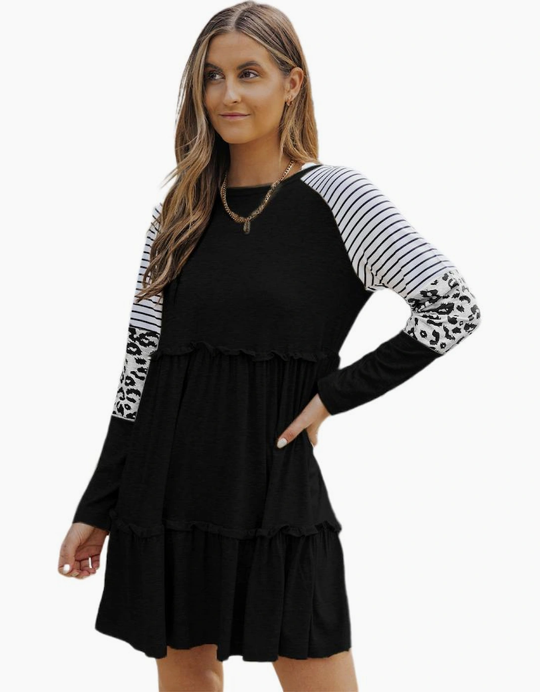 Black Striped Leopard Patchwork Long Sleeve Mini Dress
