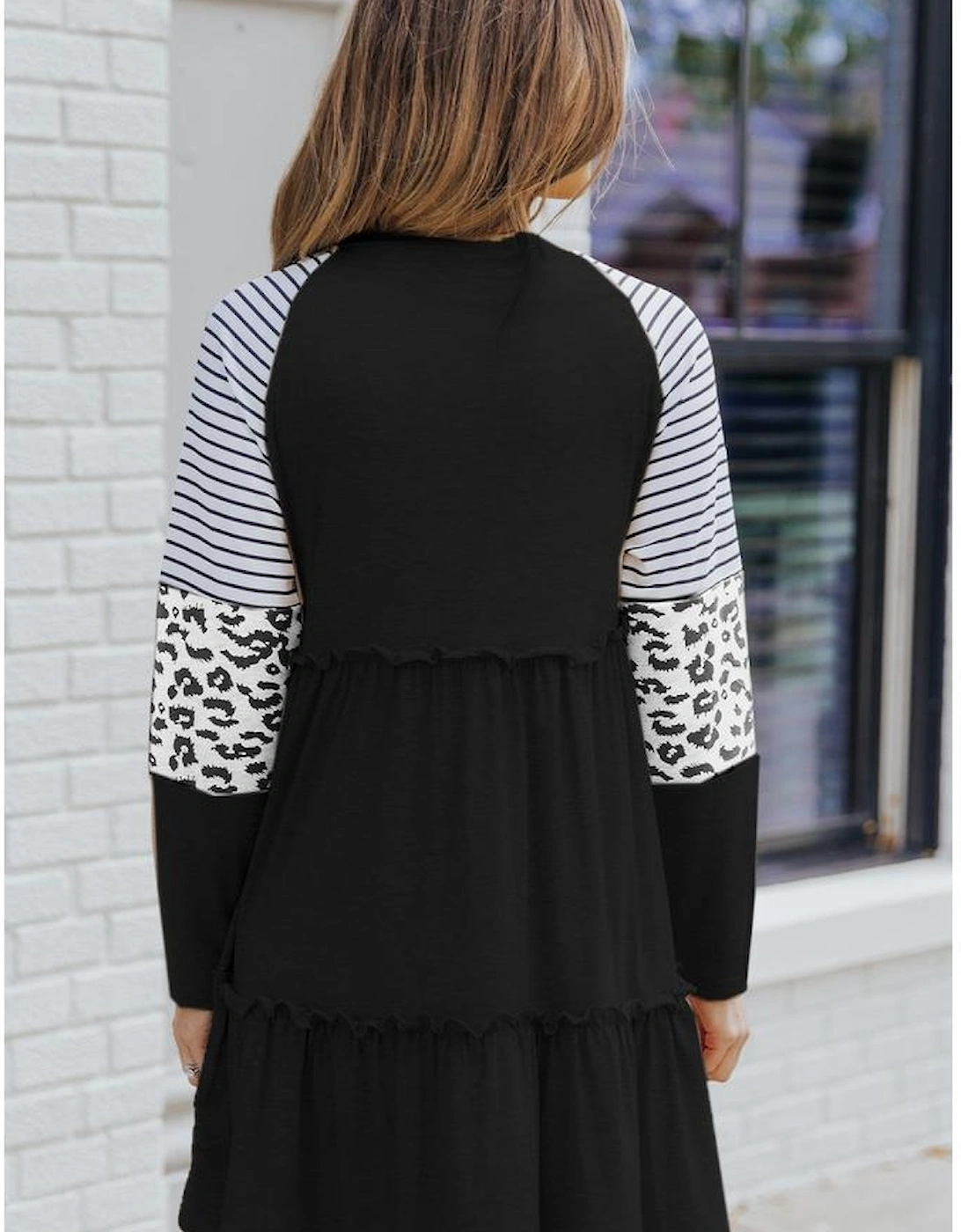 Black Striped Leopard Patchwork Long Sleeve Mini Dress