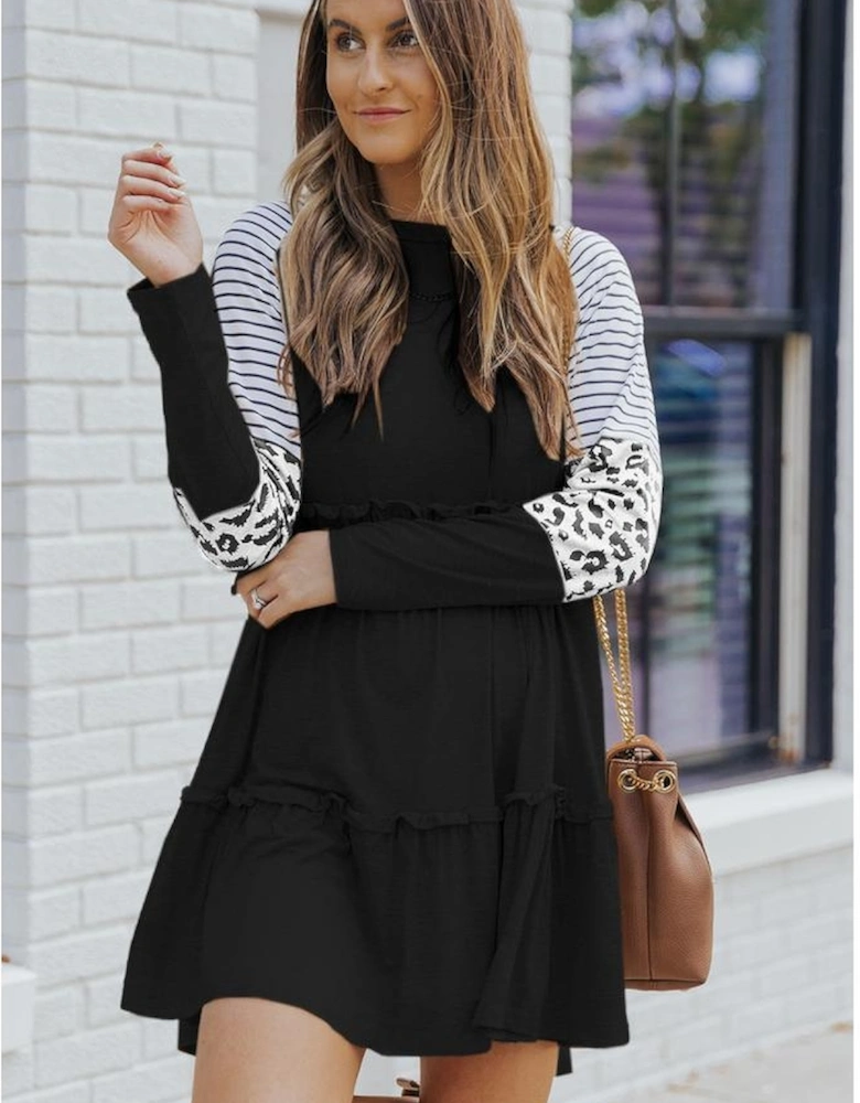 Black Striped Leopard Patchwork Long Sleeve Mini Dress
