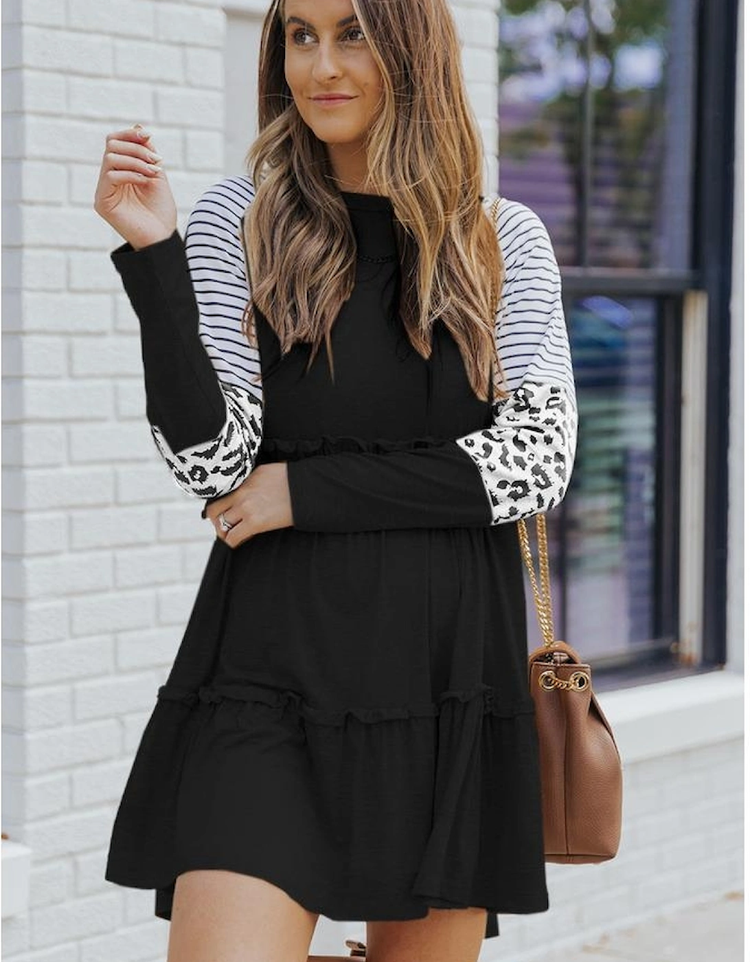 Black Striped Leopard Patchwork Long Sleeve Mini Dress