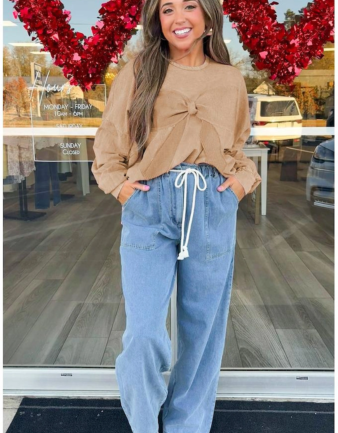 Light French Beige Mineral Wash Big Bow Patchwork Pullover Sweatshirt, 4 of 3