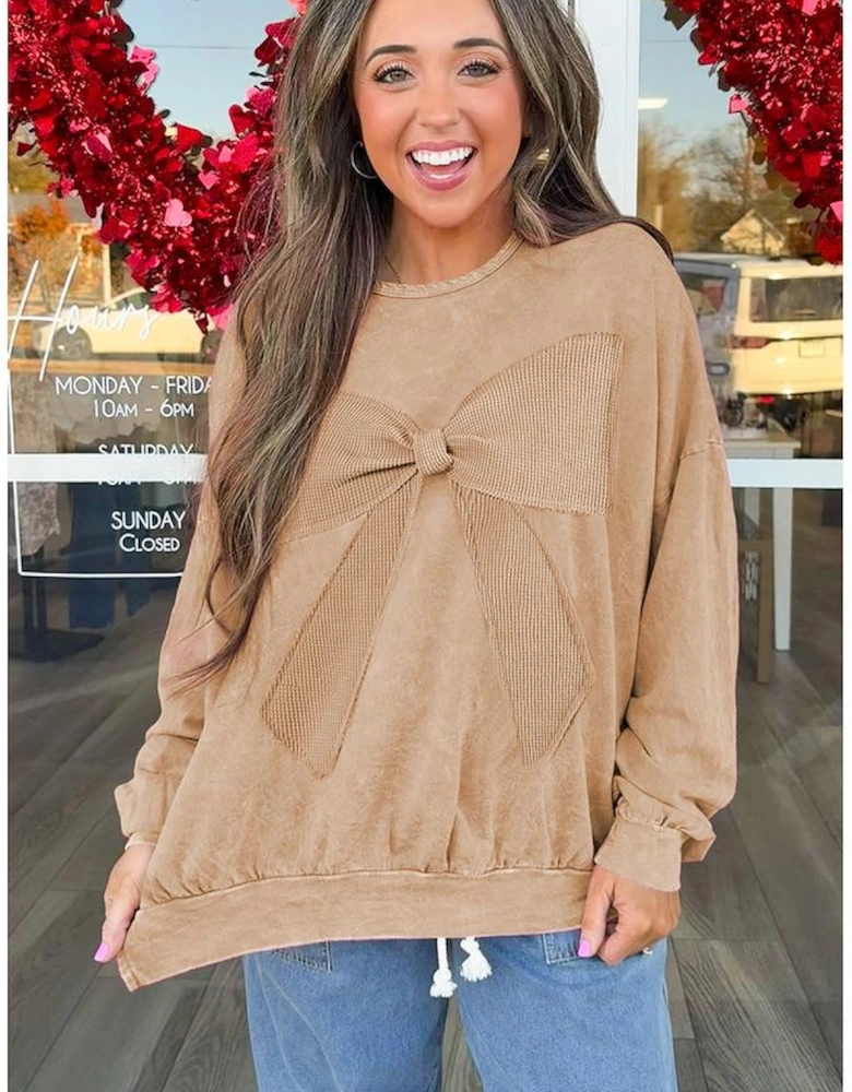 Light French Beige Mineral Wash Big Bow Patchwork Pullover Sweatshirt