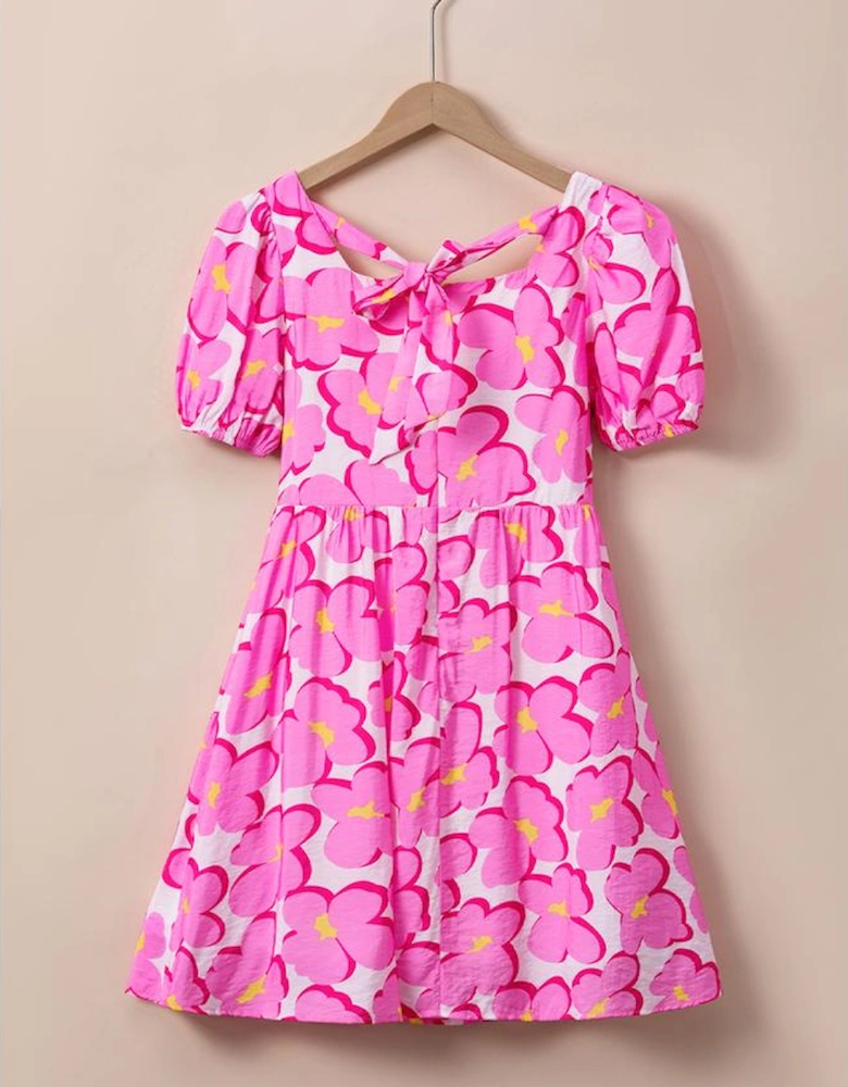 Rose Floral Print Square Neck Empire Waist Flowy Dress