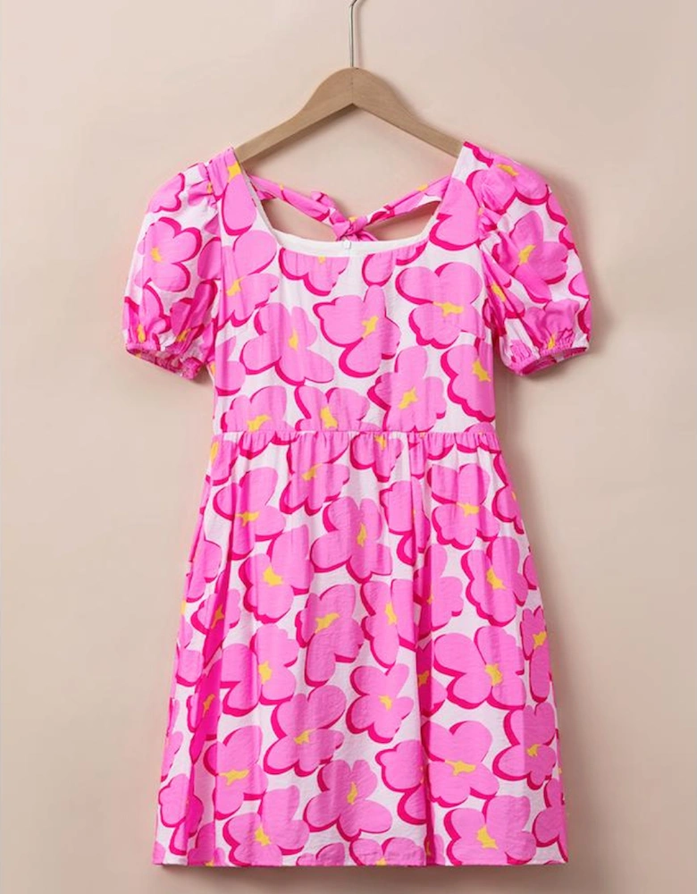 Rose Floral Print Square Neck Empire Waist Flowy Dress