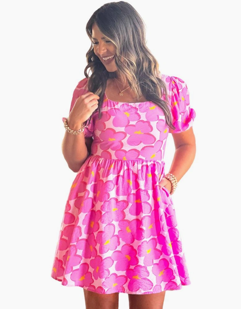 Rose Floral Print Square Neck Empire Waist Flowy Dress