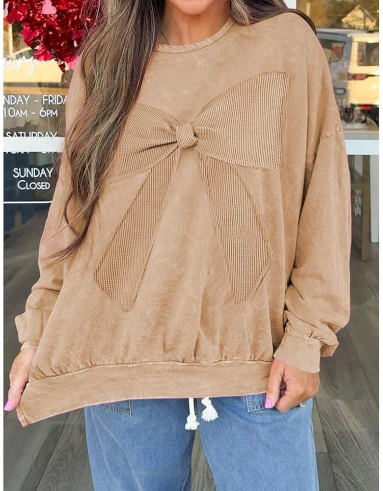 Light French Beige Mineral Wash Big Bow Patchwork Pullover Sweatshirt
