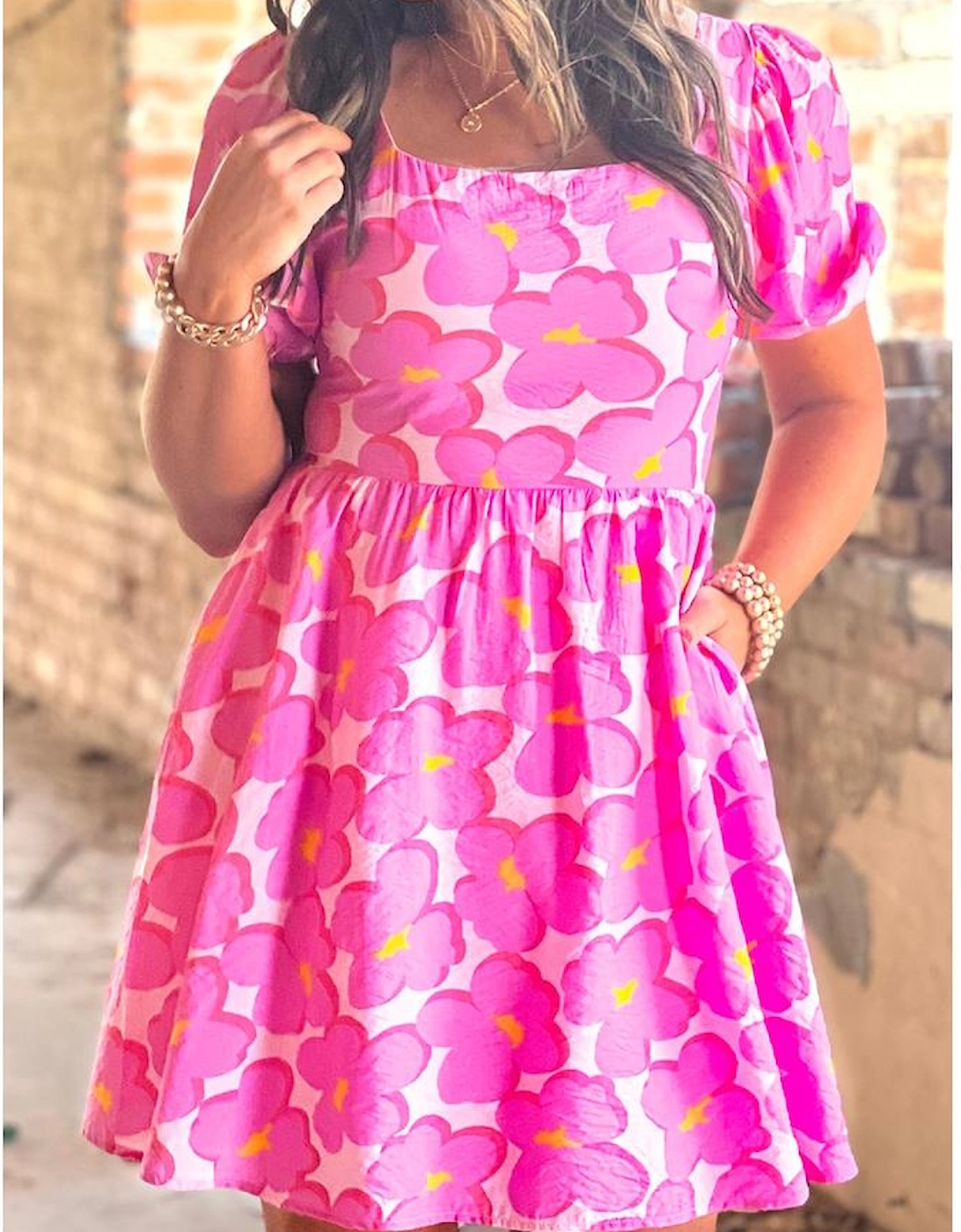 Rose Floral Print Square Neck Empire Waist Flowy Dress