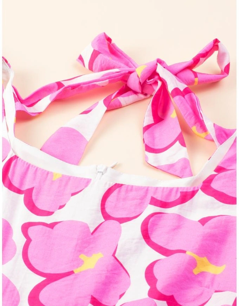 Rose Floral Print Square Neck Empire Waist Flowy Dress