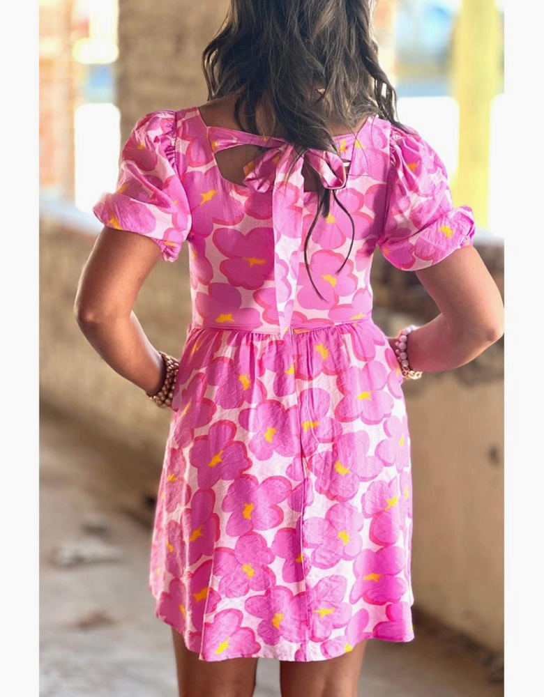 Rose Floral Print Square Neck Empire Waist Flowy Dress