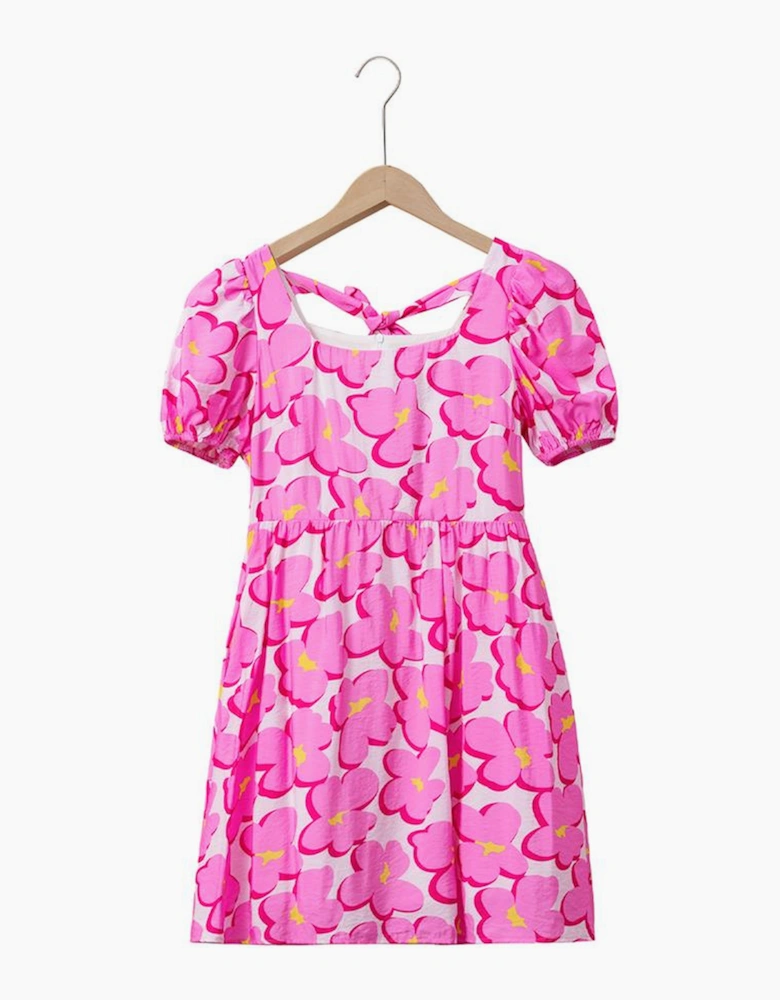 Rose Floral Print Square Neck Empire Waist Flowy Dress
