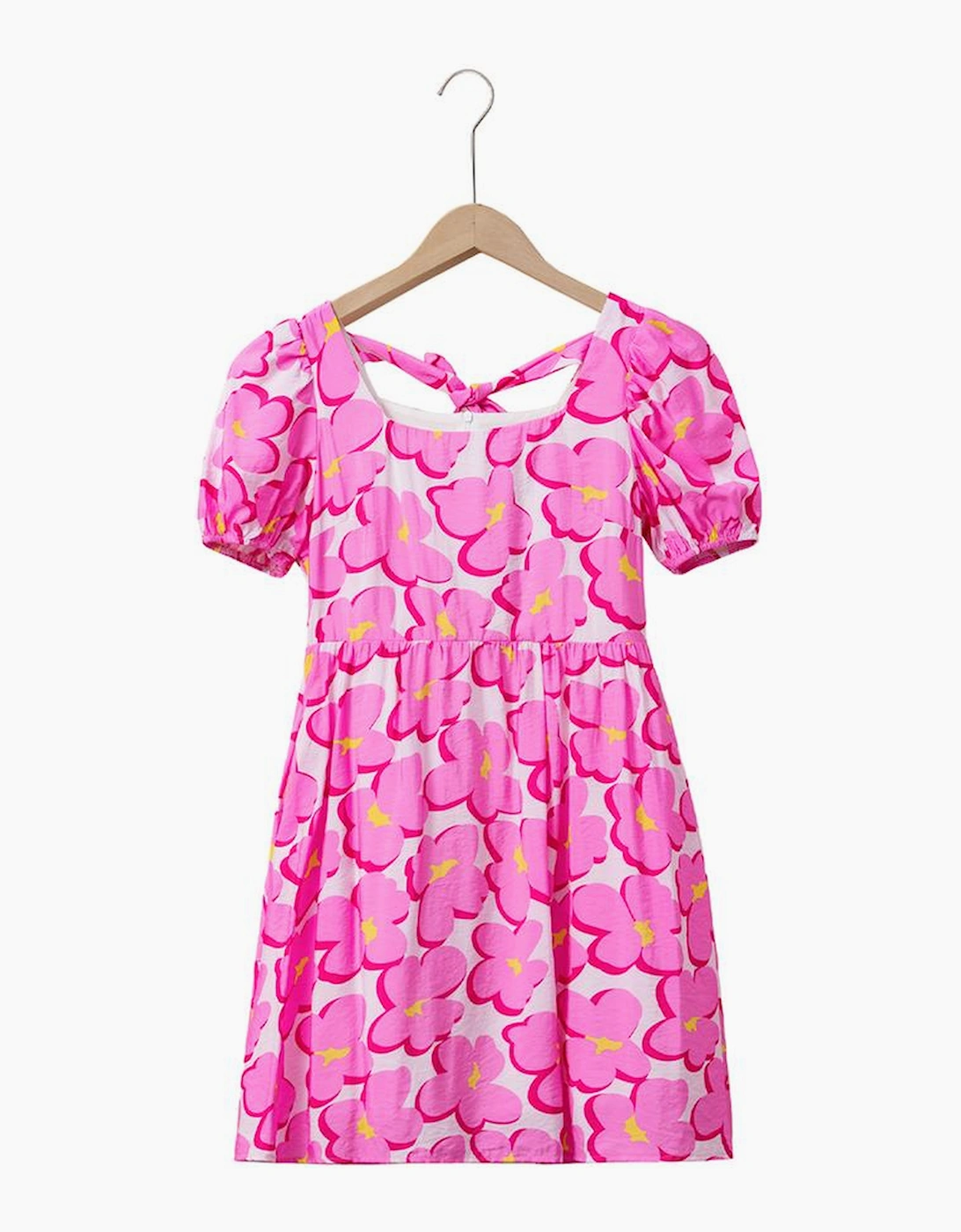 Rose Floral Print Square Neck Empire Waist Flowy Dress