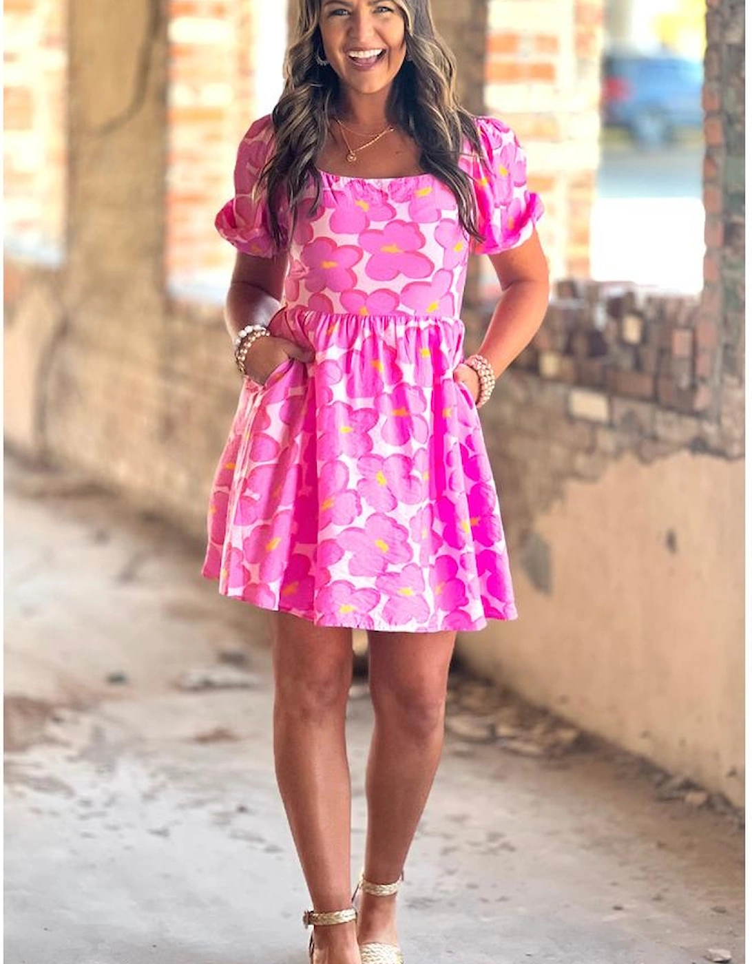 Rose Floral Print Square Neck Empire Waist Flowy Dress