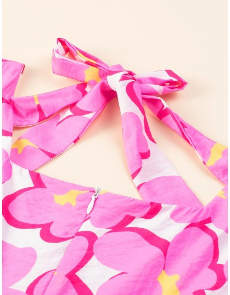 Rose Floral Print Square Neck Empire Waist Flowy Dress