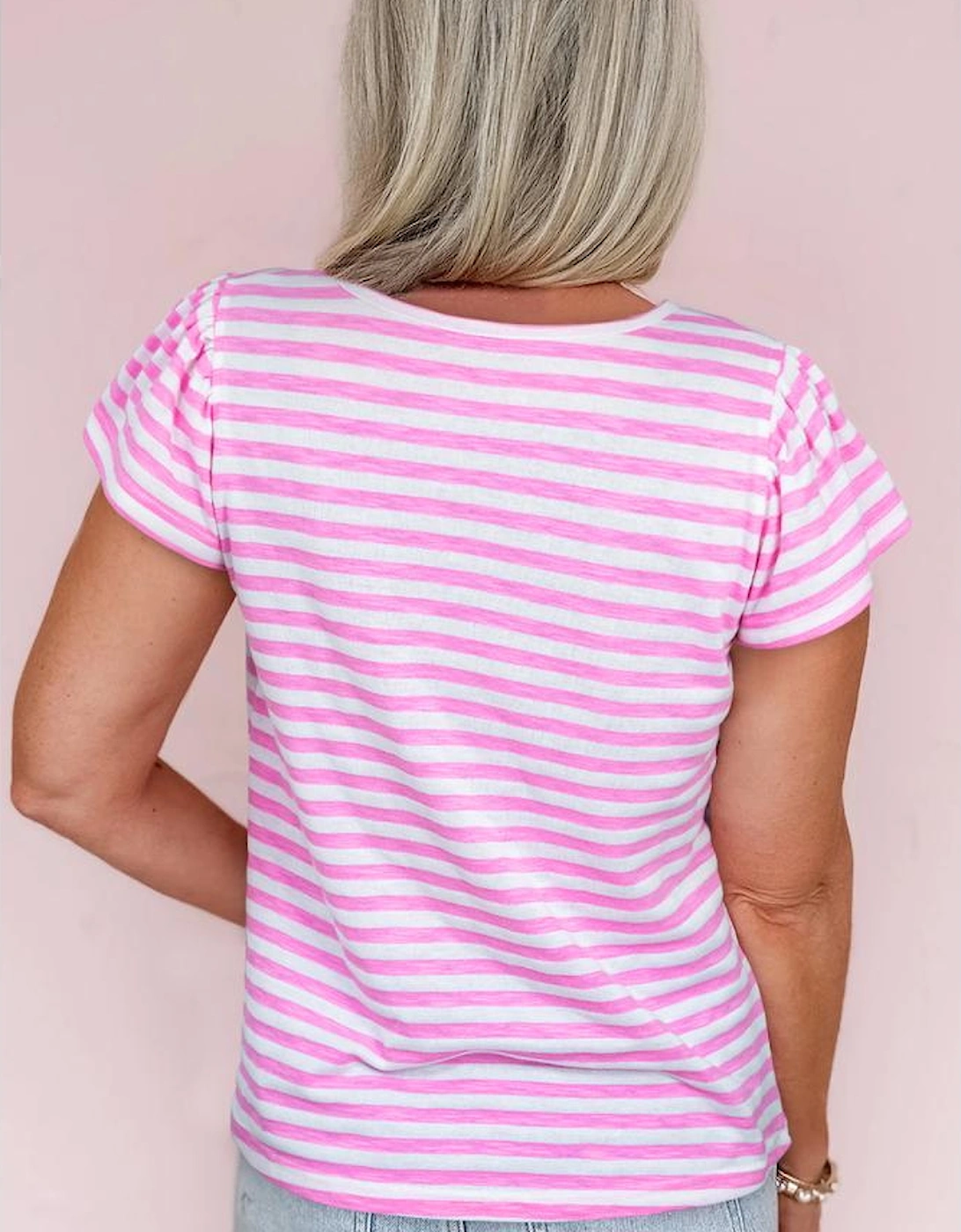 Bonbon Striped V Neck Ruffle Short Sleeve Top, 9 of 8