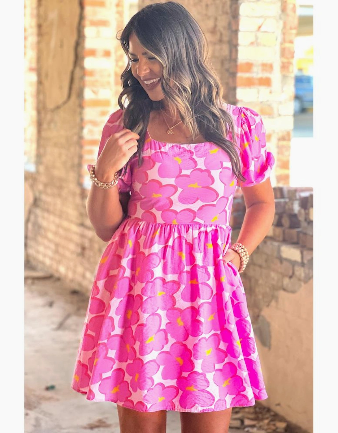 Rose Floral Print Square Neck Empire Waist Flowy Dress