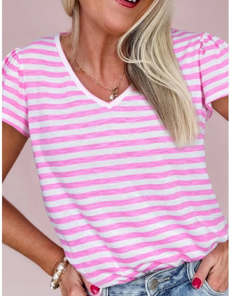 Bonbon Striped V Neck Ruffle Short Sleeve Top