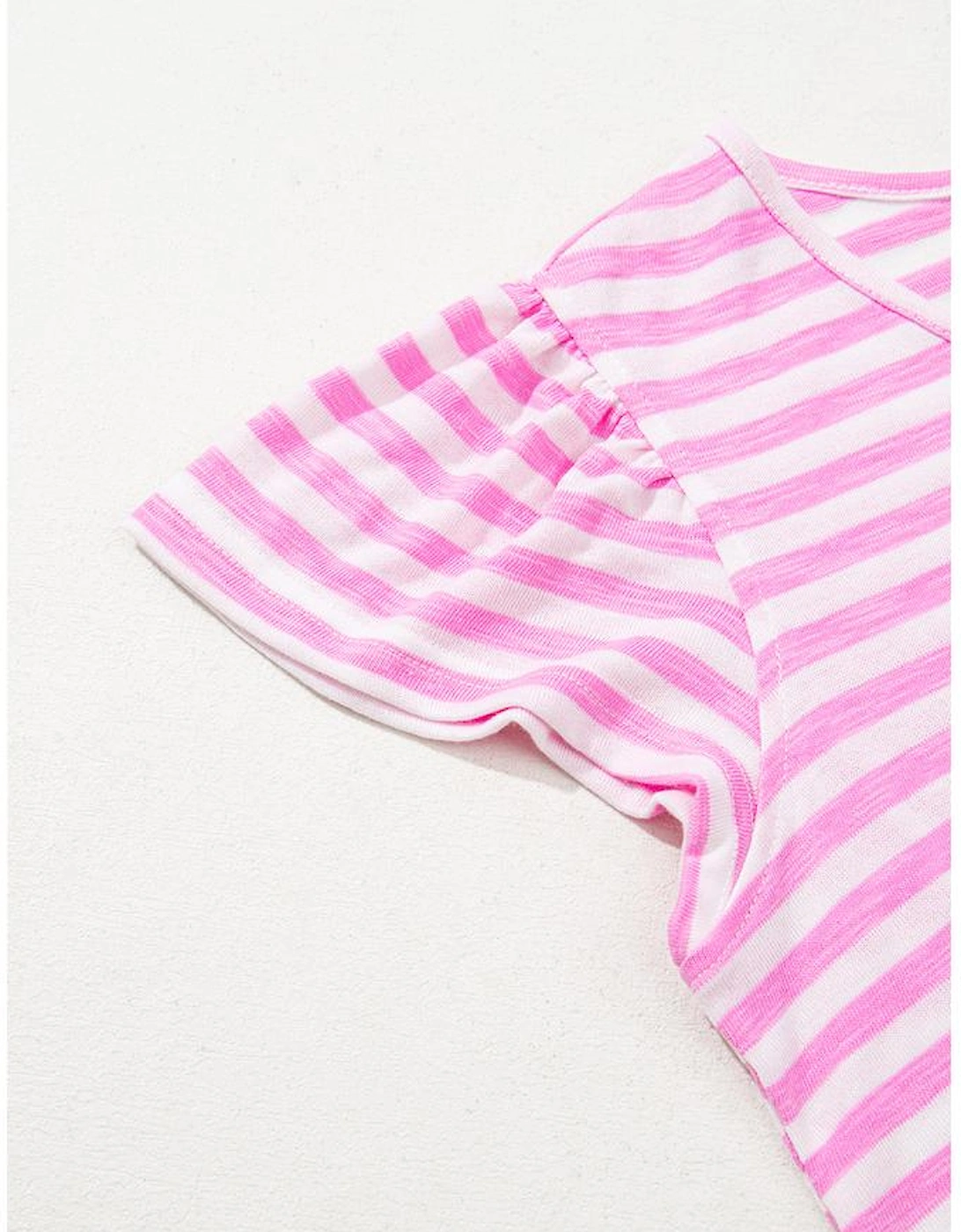 Bonbon Striped V Neck Ruffle Short Sleeve Top