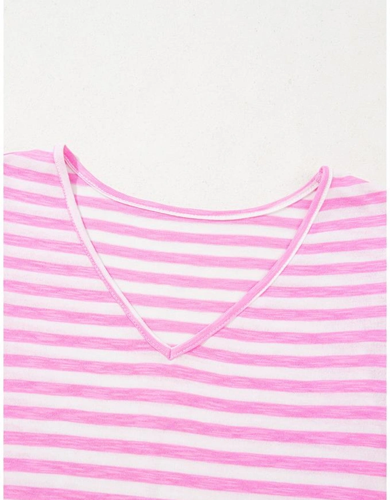 Bonbon Striped V Neck Ruffle Short Sleeve Top