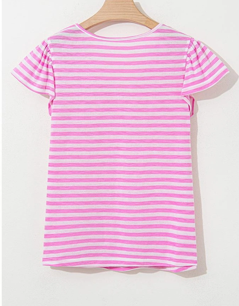 Bonbon Striped V Neck Ruffle Short Sleeve Top