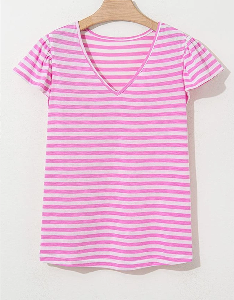 Bonbon Striped V Neck Ruffle Short Sleeve Top