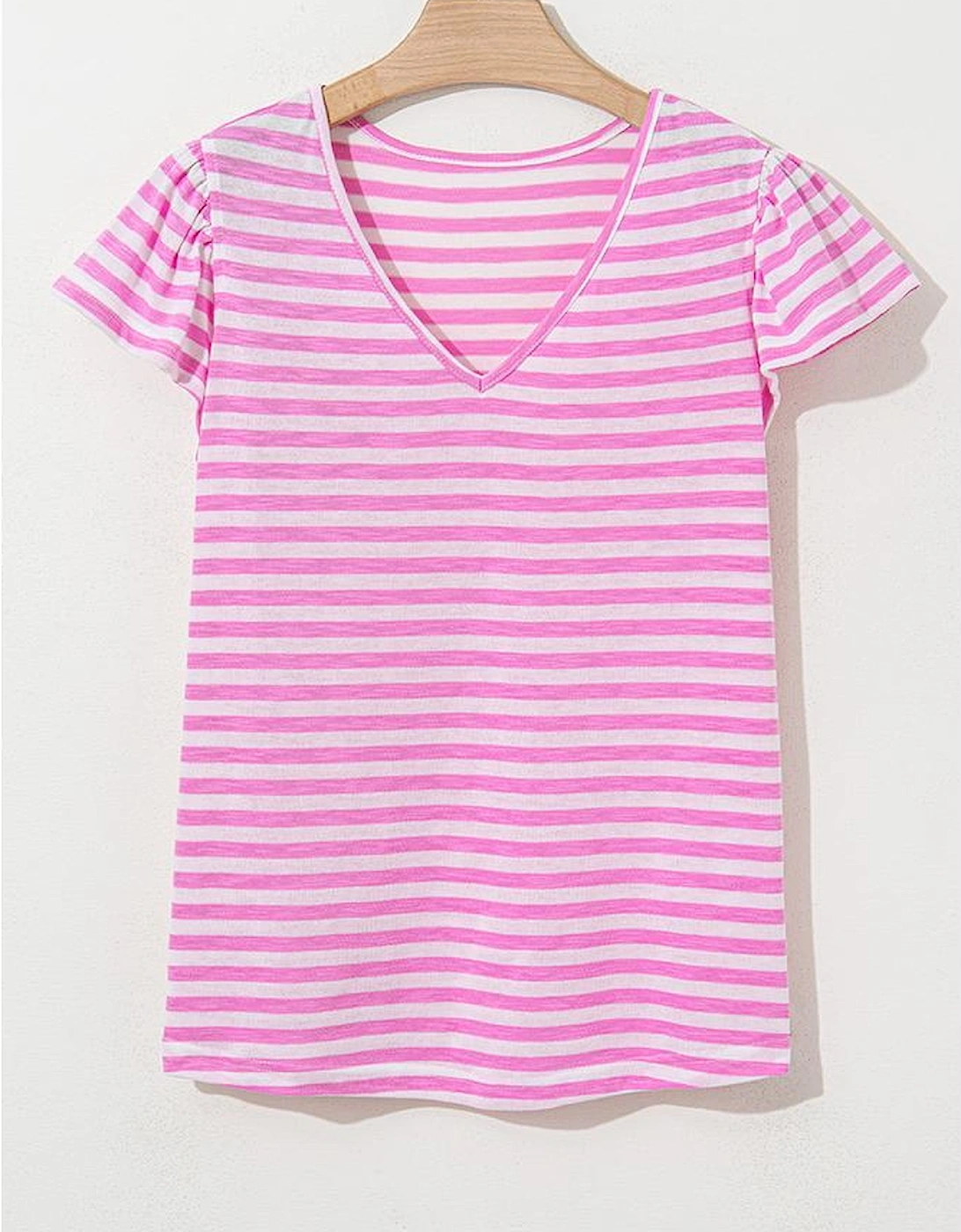 Bonbon Striped V Neck Ruffle Short Sleeve Top