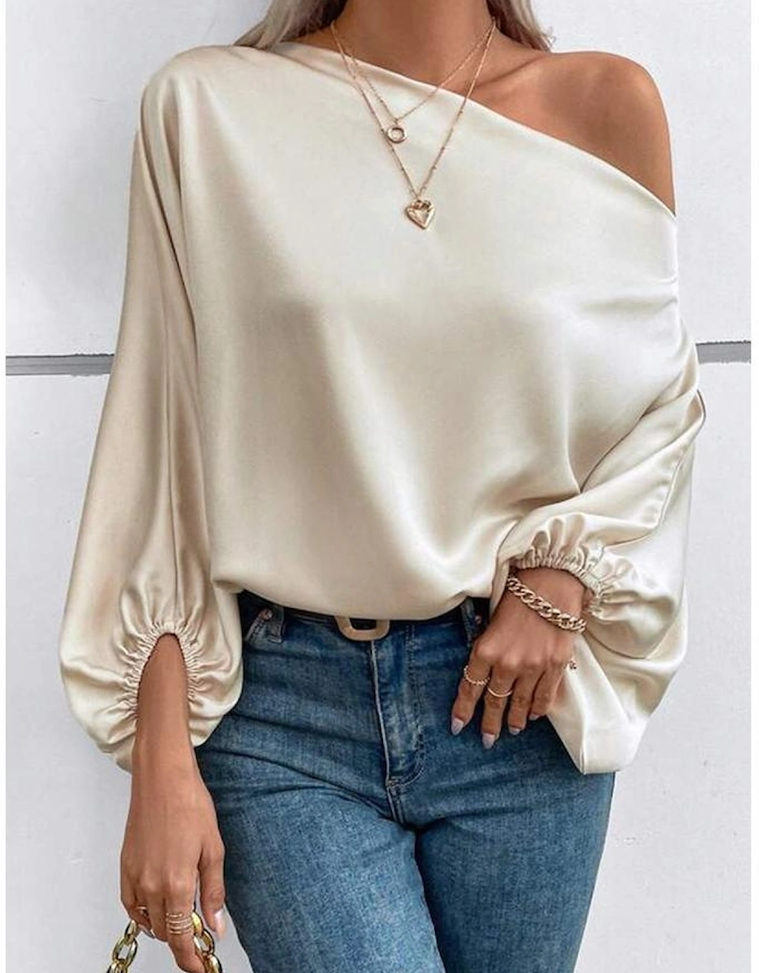 Azura Exchange Apricot Asymmetrical Neck Balloon Sleeve Satin Blouse