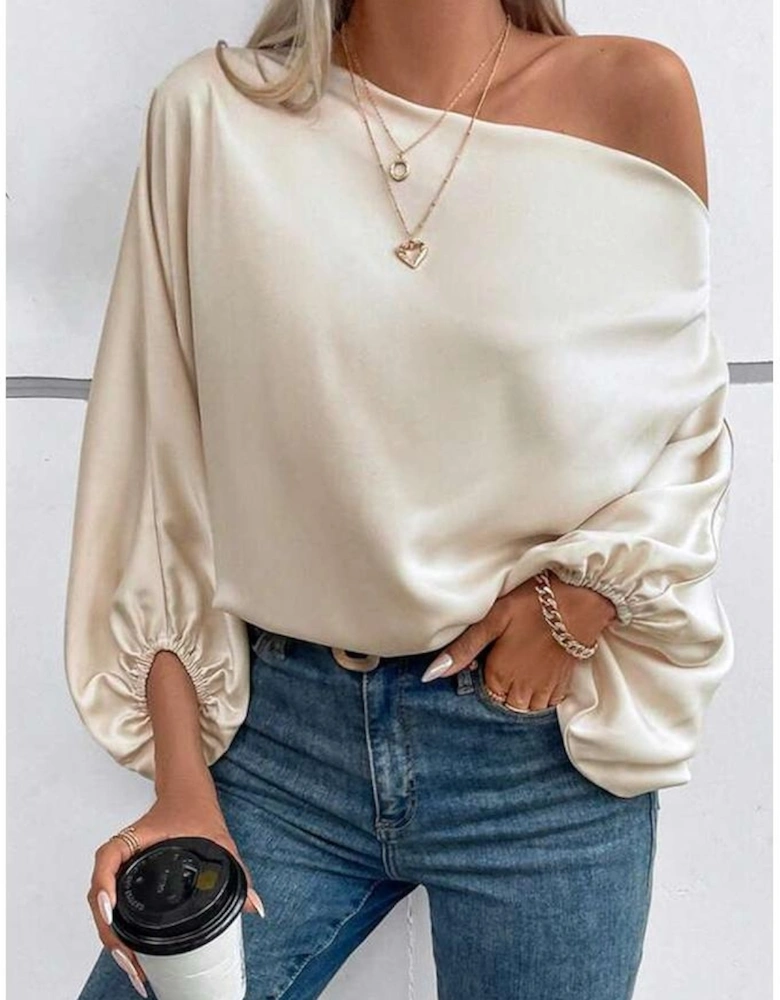 Azura Exchange Apricot Asymmetrical Neck Balloon Sleeve Satin Blouse