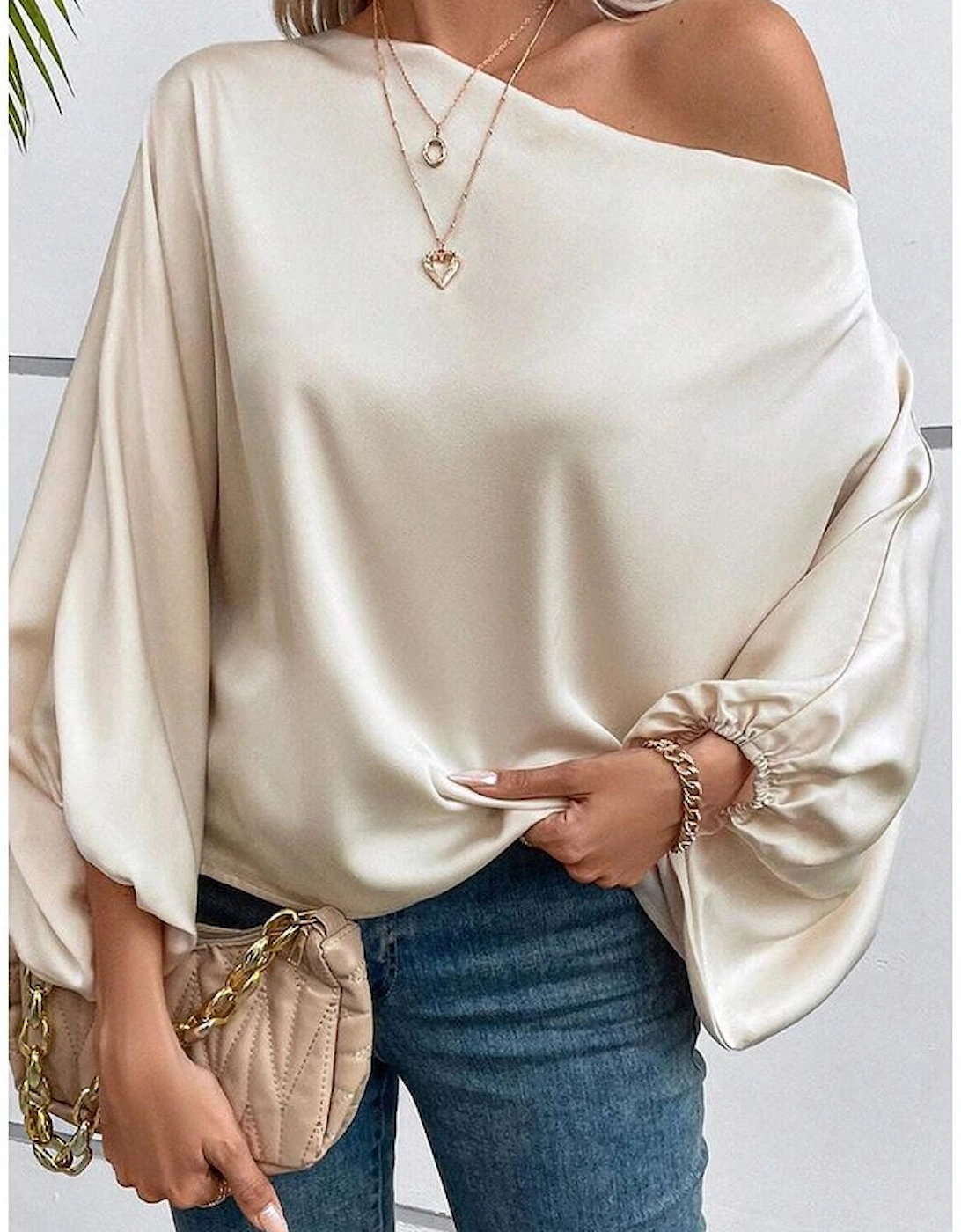 Azura Exchange Apricot Asymmetrical Neck Balloon Sleeve Satin Blouse