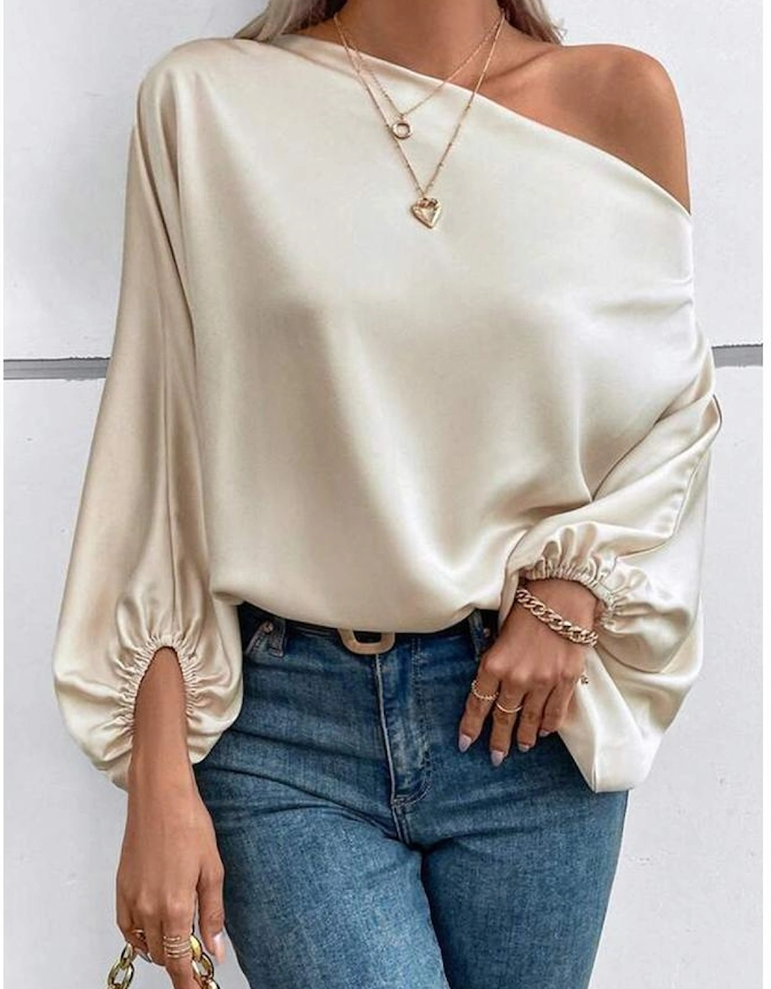 Azura Exchange Apricot Asymmetrical Neck Balloon Sleeve Satin Blouse