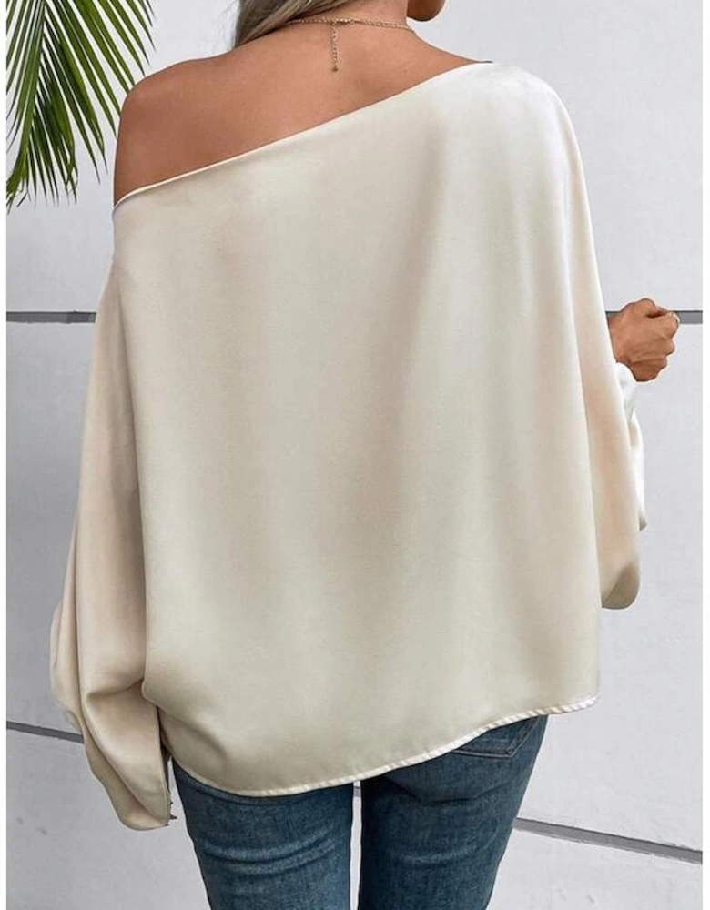 Azura Exchange Apricot Asymmetrical Neck Balloon Sleeve Satin Blouse