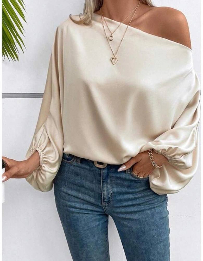 Azura Exchange Apricot Asymmetrical Neck Balloon Sleeve Satin Blouse