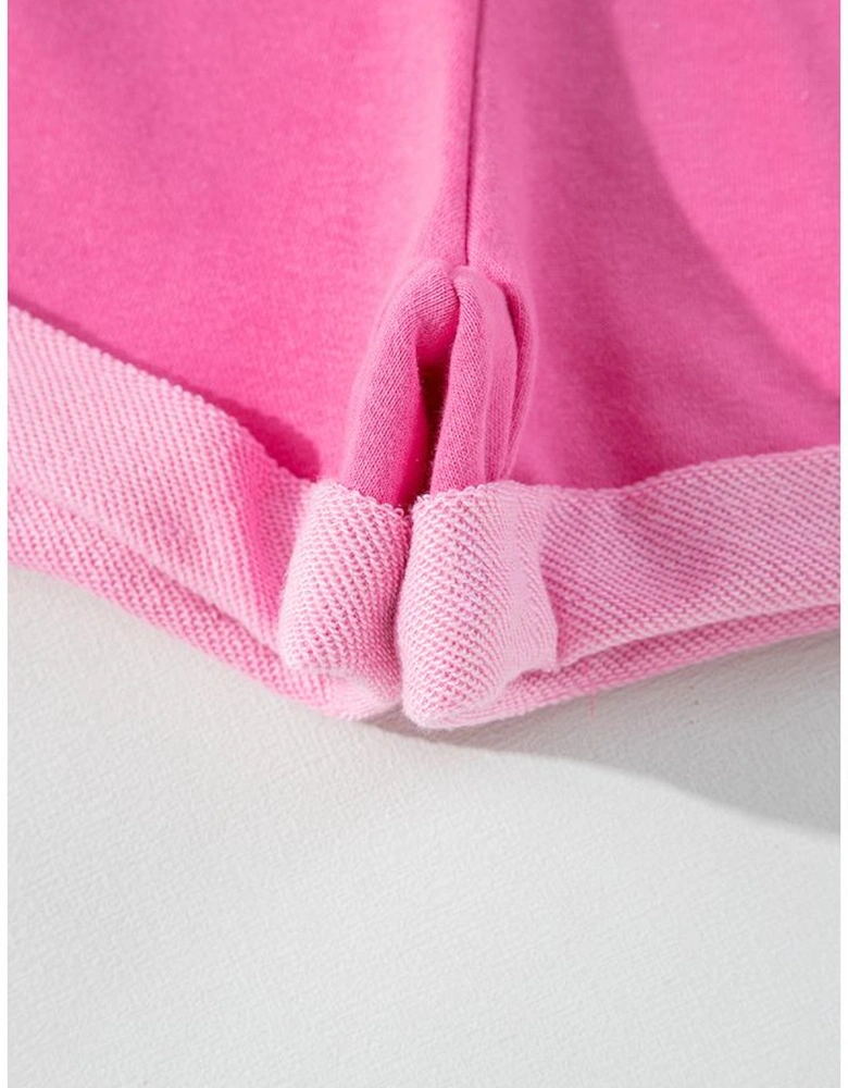 Sachet Pink High Low Patchwork Long Sleeve Top and Shorts Set