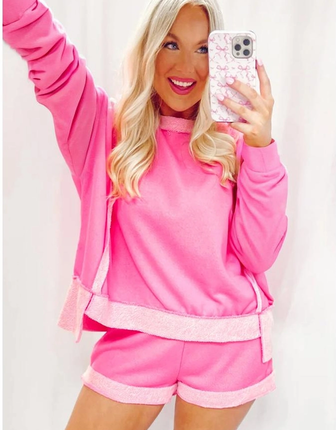 Sachet Pink High Low Patchwork Long Sleeve Top and Shorts Set