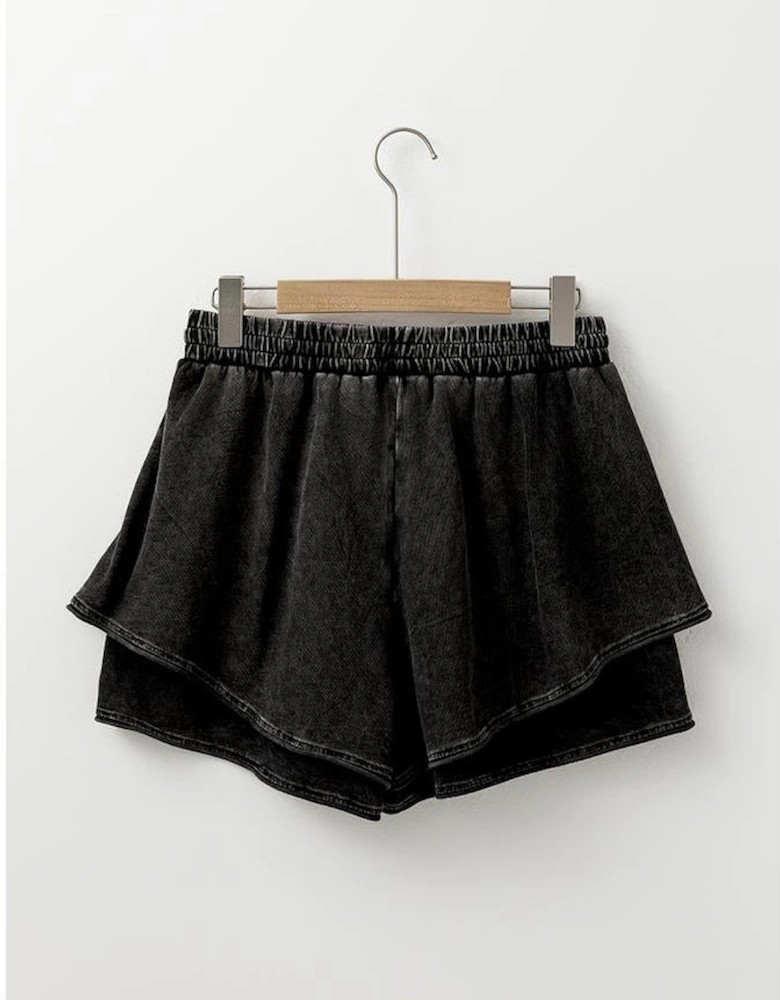 Black Mineral Wash French Terry High Waist Casual Shorts